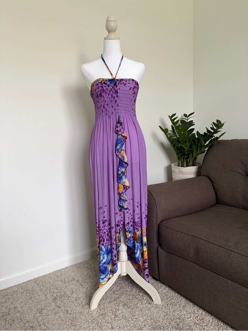 Strapless Purple Floral Maxi Dress with Halter Tie